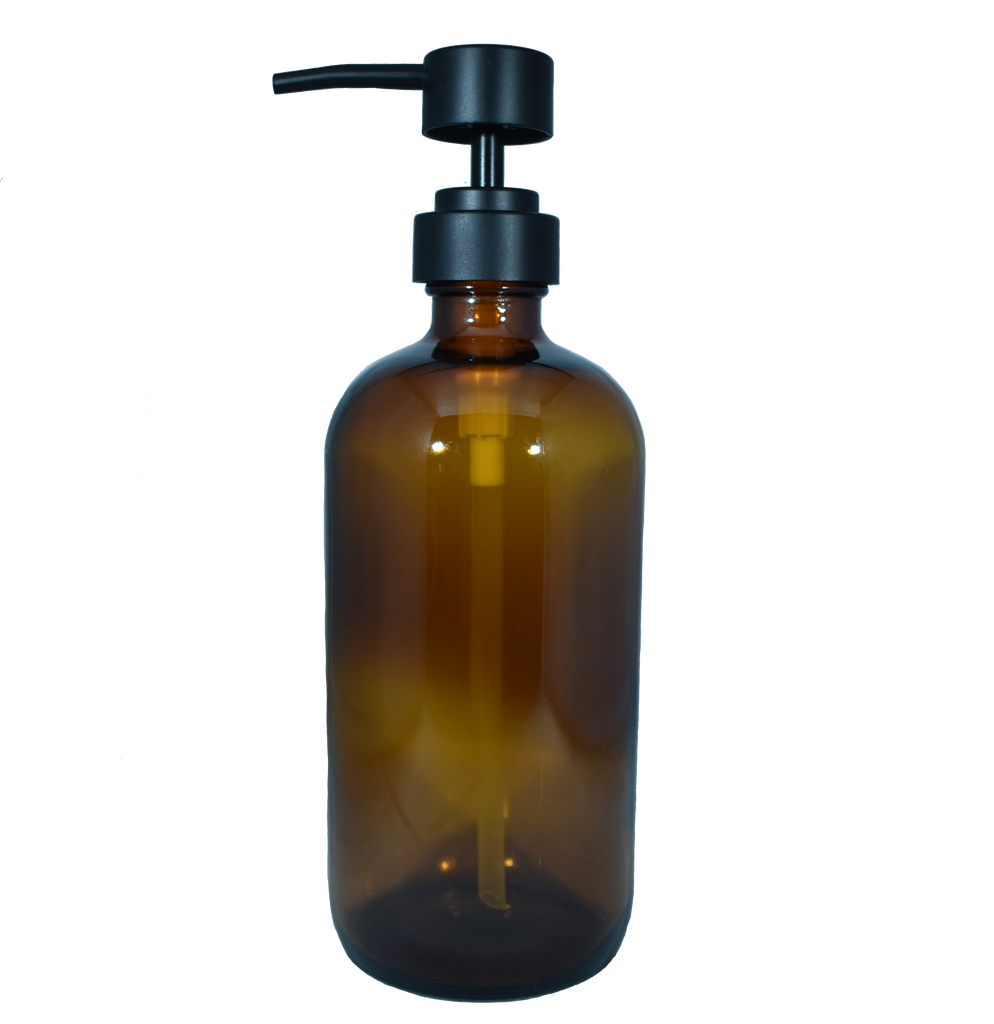 amber reusable glass bottle with pump dispenser cap